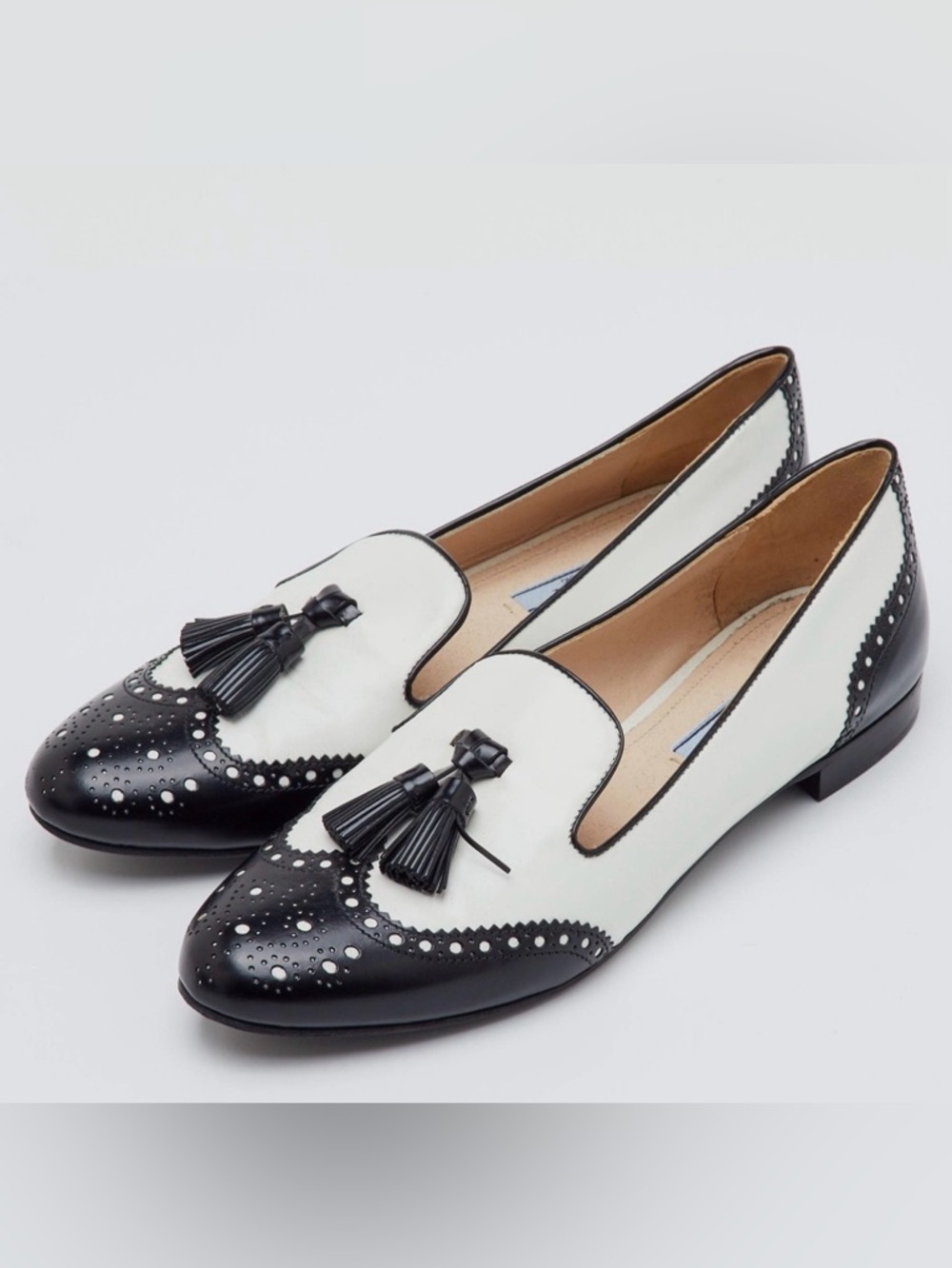 Prada Black & White Tassel Brogue Leather Loafers 38/8